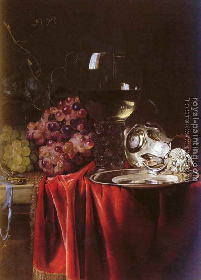 Willem Van Aelst : A Still Life of Grapes, a Roemer, a Silver Ewer and a Plate